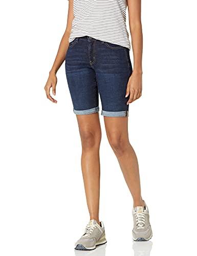Shorts de mezclilla bermuda ajustados de tiro medio para mujer Essentials, con bolsillos, lavado oscuro, talla 8 - imagen 3