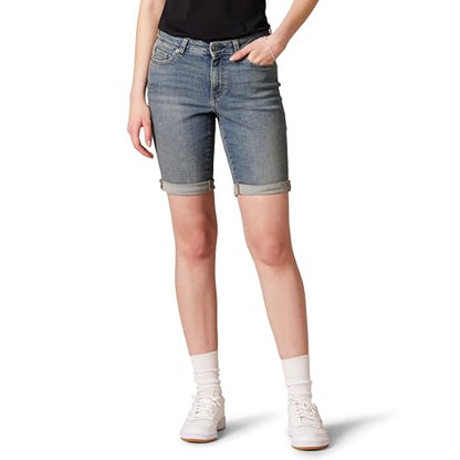 Bermudas de mezclilla ajustadas de mujer Essentials, con bolsillos, lavado vintage, talle medio, stretchy, talla 2 - imagen 2