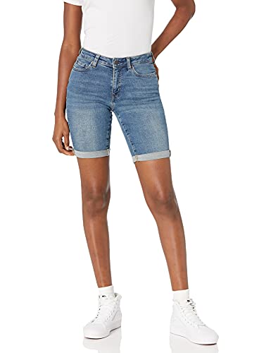 Shorts de mezclilla bermuda ajustados de mujer Essentials, de tiro medio y stretch, con bolsillos, lavado medio, talla 16 - imagen 1