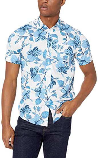 Camisa de Hombre de Manga Corta con Botones de Essentials, Estampado Floral Azul, Grande - imagen 2