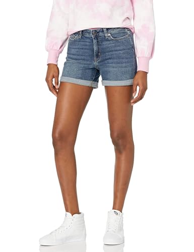 Shorts de mezclilla ajustados de mujer Essentials, tiro medio, elásticos, 4, lavado vintage, talla 16 - imagen 1
