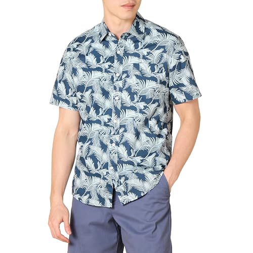 Camisa de Hombre de Manga Corta con Botones de Essentials, Estampado de Hoja de Palma en Azul Marino, Talla X-Small - imagen 4