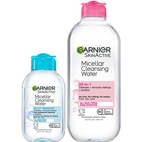 Agua Micelar Garnier, Para Todo Tipo de Piel, 13.5 fl oz + Agua Micelar para Maquillaje Resistente al Agua, 3.4 fl oz - imagen 1