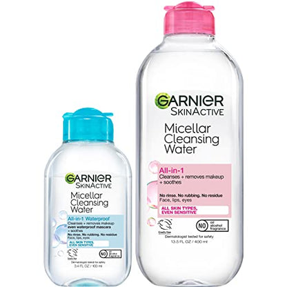 Agua Micelar Garnier, Para Todo Tipo de Piel, 13.5 fl oz + Agua Micelar para Maquillaje Resistente al Agua, 3.4 fl oz - imagen 3