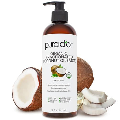 Aceite de Coco Fraccionado PURA D'OR Orgánico MCT (16 Oz) 100% Puro y Natural Certificado USDA - Hidratante Sin Fragancia, Libre de Hexano para Cara, - imagen 2