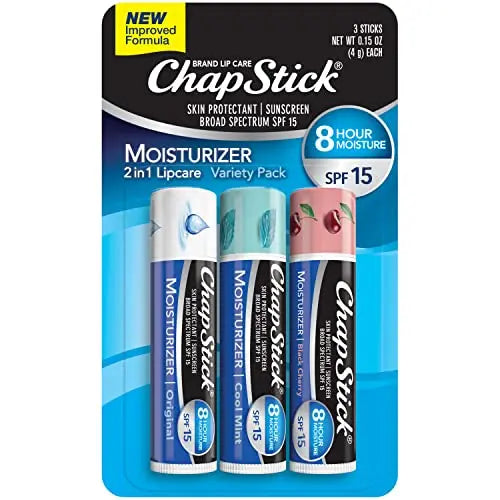 ChapStick Hidratante 2 en 1 Cuidado de Labios SPF 15, Original, Cereza Negra, Menta Fresca, Paquete de 3 – Bálsamo Labial con Aloe Vera y Vitamina E, - imagen 1