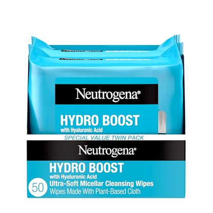 Toallitas Desmaquillantes Neutrogena Hydro Boost Ultra Suaves con Ácido Hialurónico, Hidratantes, 2 x 25 ct, Tela Plant-Based, Hipoalergénicas, - imagen 4