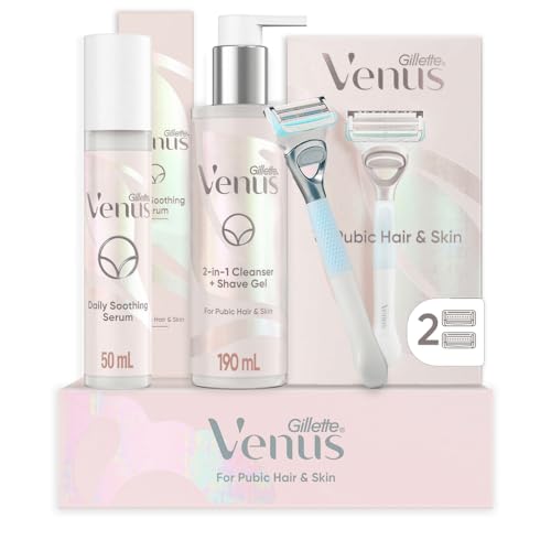 Gillette Venus para Vello Público y Piel, 1 Mango de Afeitar + 2 Recambios de Cuchilla, Gel de Afeitar y Limpiador 2 en 1, Suero Calmante Diario - imagen 3