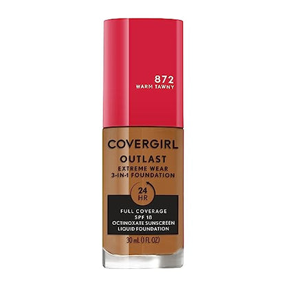Base líquida de cobertura total Covergirl Outlast Extreme Wear 3 en 1, con protector solar SPF 18, tono Warm Tawny, 1 oz. - imagen 3