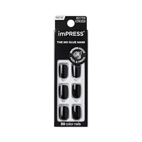 KISS imPRESS Uñas Postizas Sin Pegamento, Color 'Todo Negro', Tamaño Corto, Forma Squoval, Incluye 30 Uñas, Toallita Preparadora, Instrucciones, - imagen 1