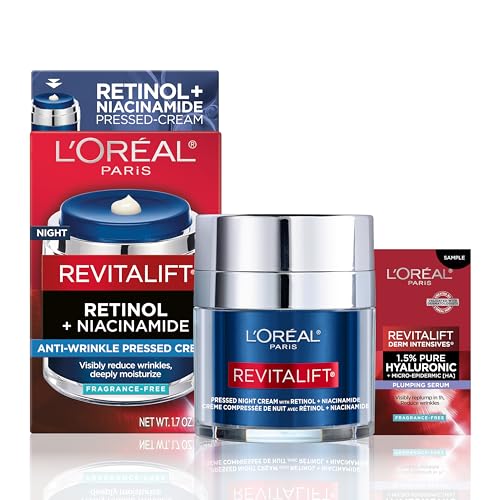 Crema Nocturna L'Oreal Paris Revitalift Presionada, Retinol + Niacinamida, Reduce Arrugas, Sin Fragancia, 1.7 oz + Muestra de Suero - imagen 1