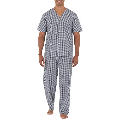 Conjunto de Pijama para Hombre Fruit of the Loom de Tela de Sarga, Camiseta de Manga Corta y Pantalones Largos, Cuadros Azul/Blanco, Pequeño - imagen 3