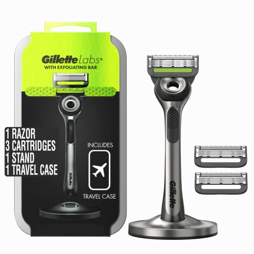 Gillette Labs con Barra Exfoliante, Kit de Afeitado para Hombre con Estuche de Viaje, Incluye 1 Mango, 3 Recambios de Cuchilla y Soporte Magnético - imagen 3