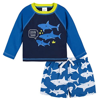 Conjunto de traje de baño para bebé niño Gerber, camiseta de manga larga y pantalones cortos, tiburones azules y blancos, 0-3 meses - imagen 2