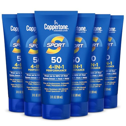 Loción bloqueadora solar Coppertone Sport SPF 50, resistente al sudor, calor y agua, tamaño de viaje, sin oxibenzona, paquete de 6 botellas de 3 oz - imagen 1