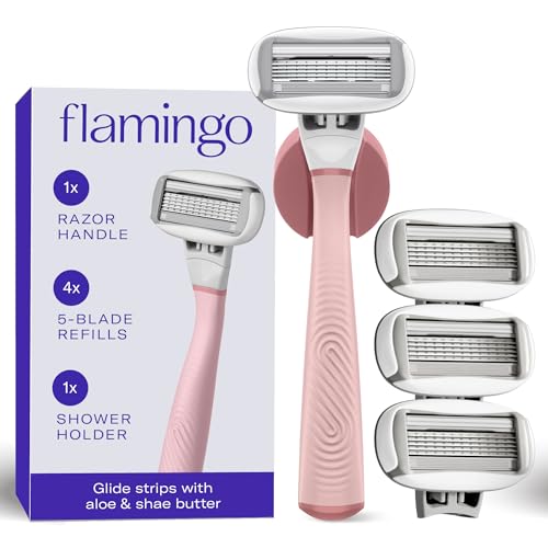 Set de Afeitado Flamingo para Mujeres - Mango de Afeitar Original, 4 Recambios de Cuchillas y Soporte para Ducha - Rosa - imagen 1