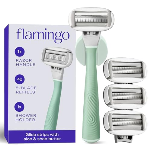 Set de Afeitado Flamingo para Mujeres - Mango de Afeitar Original, 4 Recargas de Cuchillas y Soporte para Ducha - Salvia - imagen 4