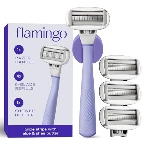 Juego de Afeitado Flamingo para Mujeres - Mango de Afeitar Original, 4 Recambios de Cuchillas y Soporte para Ducha - Lila - imagen 3