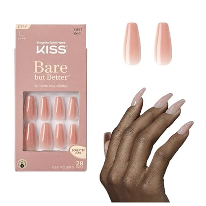 KISS Bare but Better Uñas Postizas, 'Nude Glow', Talla Larga, Forma Coffin, Incluye 28 Uñas, Pegamento de 2g, Palito de Manicura y Lima Mini - imagen 1