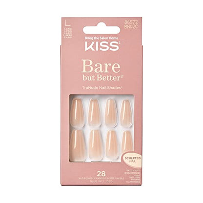 KISS Bare but Better Uñas Postizas 'Nude Drama', 28 Uñas Falsas, Tamaño Largo, Forma Coffin, Incluye Pegamento, Lima Mini y Palito de Manicura - imagen 2