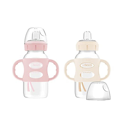 Botella Sippy de Cuello Ancho Dr. Brown's Milestones con Asa de Silicón 100%, 9oz/270mL, Rosa Claro y Ecru, Paquete de 2, 6m+ - imagen 2