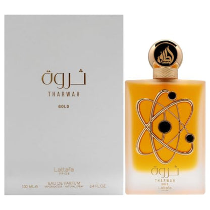 Lattafa Perfumes Tharwah Gold Eau de Parfum Spray Unisex, 3.4 Onzas - imagen 1