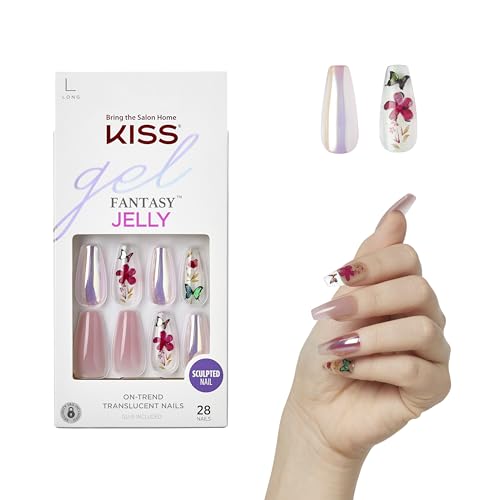 KISS Gel Fantasy Uñas Postizas, 'Jelly Cookie', Rosa, Tamaño Largo, Forma Coffin, Incluye 28 Uñas, 2g de Pegamento, 1 Palito de Manicura, 1 Lima Mini - imagen 1