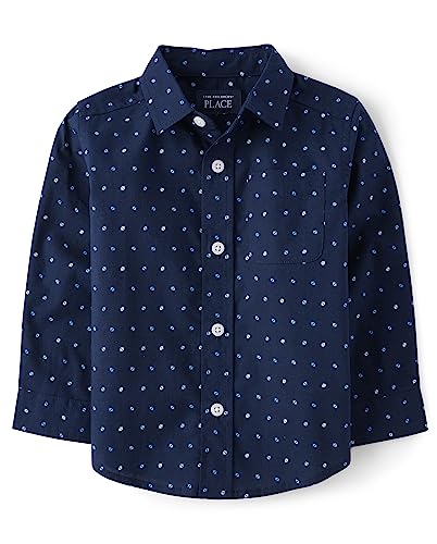 Camisa de botones de popelín de manga larga para bebés y niños pequeños The Children's Place, diseño geométrico en azul marino, talla 3T - imagen 3