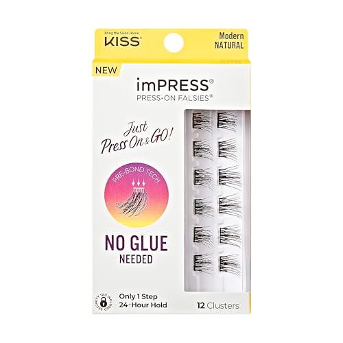 Kiss Impress Pestañas Postizas Autoadhesivas, 12mm-14mm Volumen Natural, Color Negro, Sin Necesidad de Pegamento, Banda Invisible, 12 Clústeres de - imagen 2