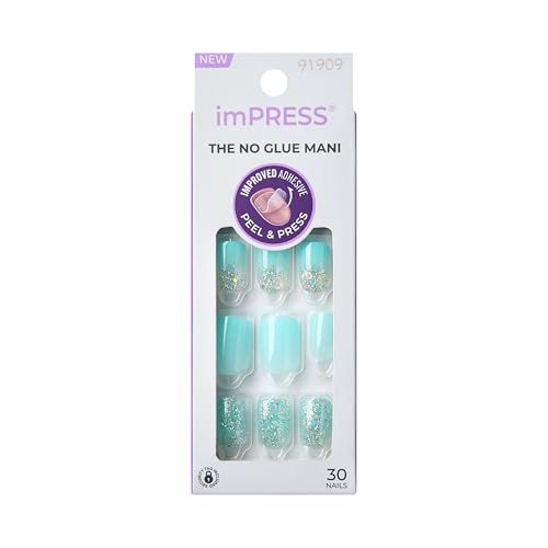 Kiss Impress Uñas Postizas Sin Pegamento, Diseño 'Eternity', Azules, Talla Corta, Forma Squoval, Incluye 30 Uñas, Toallita de Preparación, - imagen 1