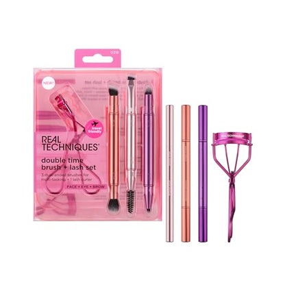 Set de 4 Piezas de Brochas Real Techniques Double Time + Rizador de Pestañas, Brochas de Maquillaje de Ojos de Doble Cara, Capuchones para Viaje, - imagen 3