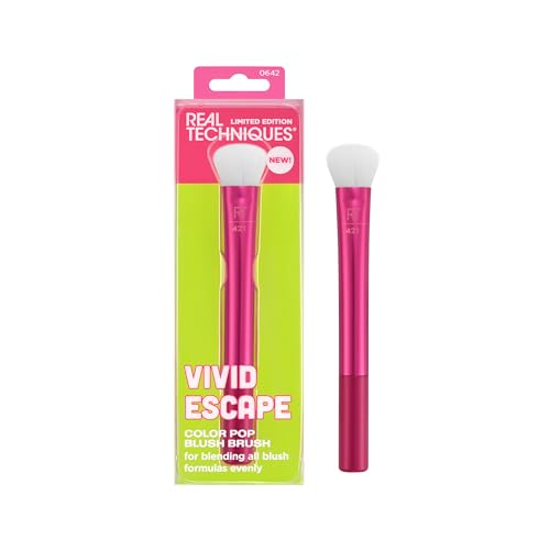 Brocha de Rubor Real Techniques Vivid Escape Color Pop, Brocha de Maquillaje Multipropósito para Difuminar, Uso con Rubor Líquido y Crema, Sintética, - imagen 3