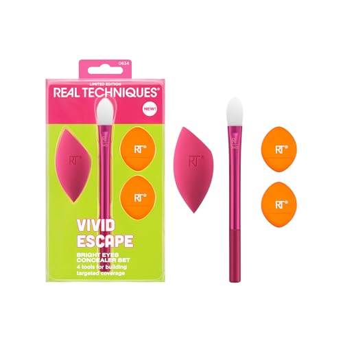Set de 4 Piezas de Corrector Bright Eyes Real Techniques Vivid Escape, Incluye Brocha de Maquillaje Kitten Paw, Esponja para Difuminar y Puff, Viaje, - imagen 1