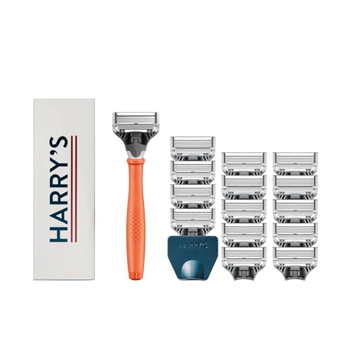 Kit de Afeitado Original de Harry's para Hombres - Mango de Afeitar, 15 Recambios de Cuchillas y Funda de Viaje - Ingeniería Alemana - Naranja - imagen 3