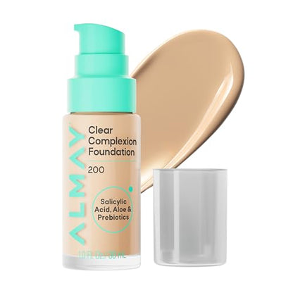 Base de Maquillaje Almay Clear Complexion, Libre de Aceite para Piel Propensa al Acné, Cobertura Construible, Acabado Suave Mate, Vegana, 200, 1 fl oz - imagen 2